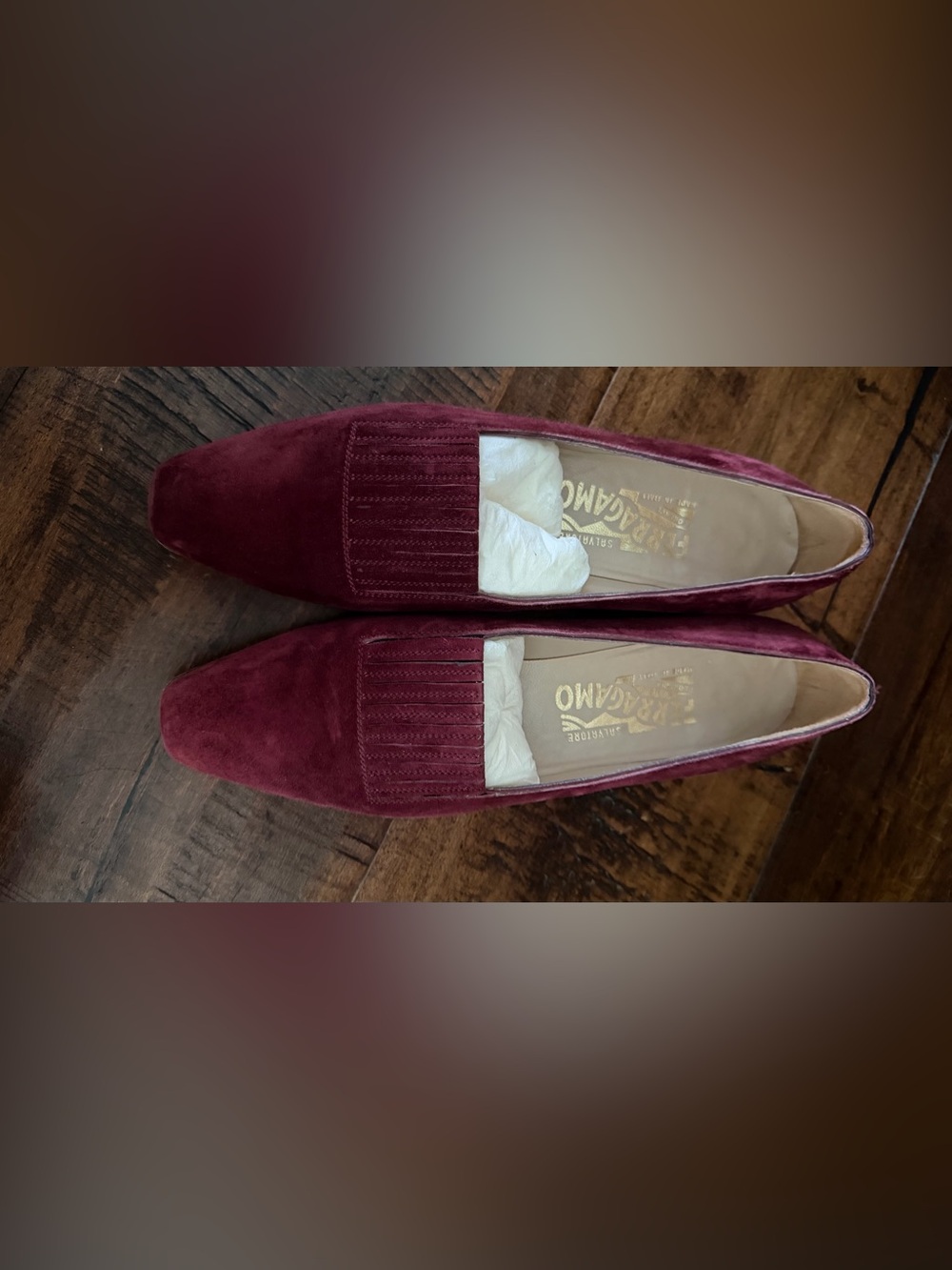Salvatore Ferragamo Wine Burgundy Suede Fringe Loafers - Women's